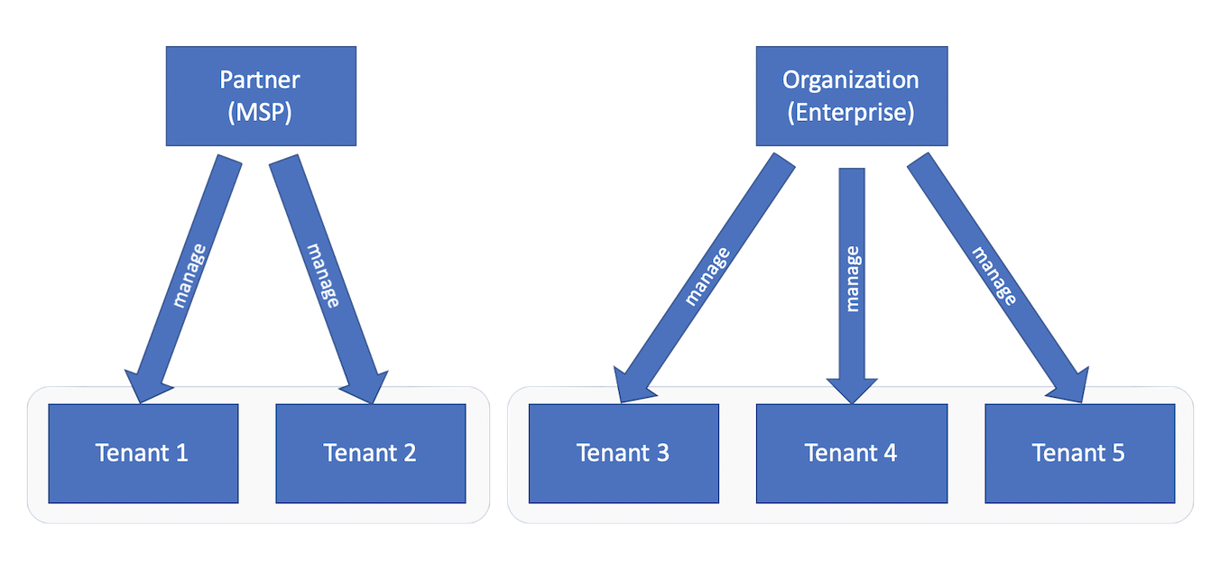 a diagram showing a Partner managing two tenants and an Organization managing three, each relationship labelled “manage”.