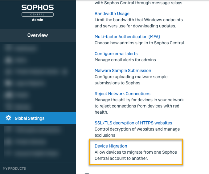 Sophos Fusion Admin navigation with Global Settings open and Device Migration highlighted.