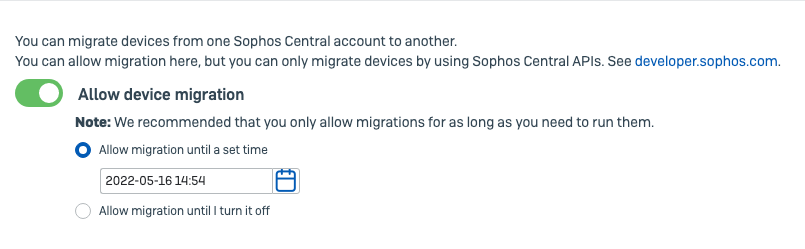 the Device Migration settings screen, "Allow device migration" toggled on with an end date set.