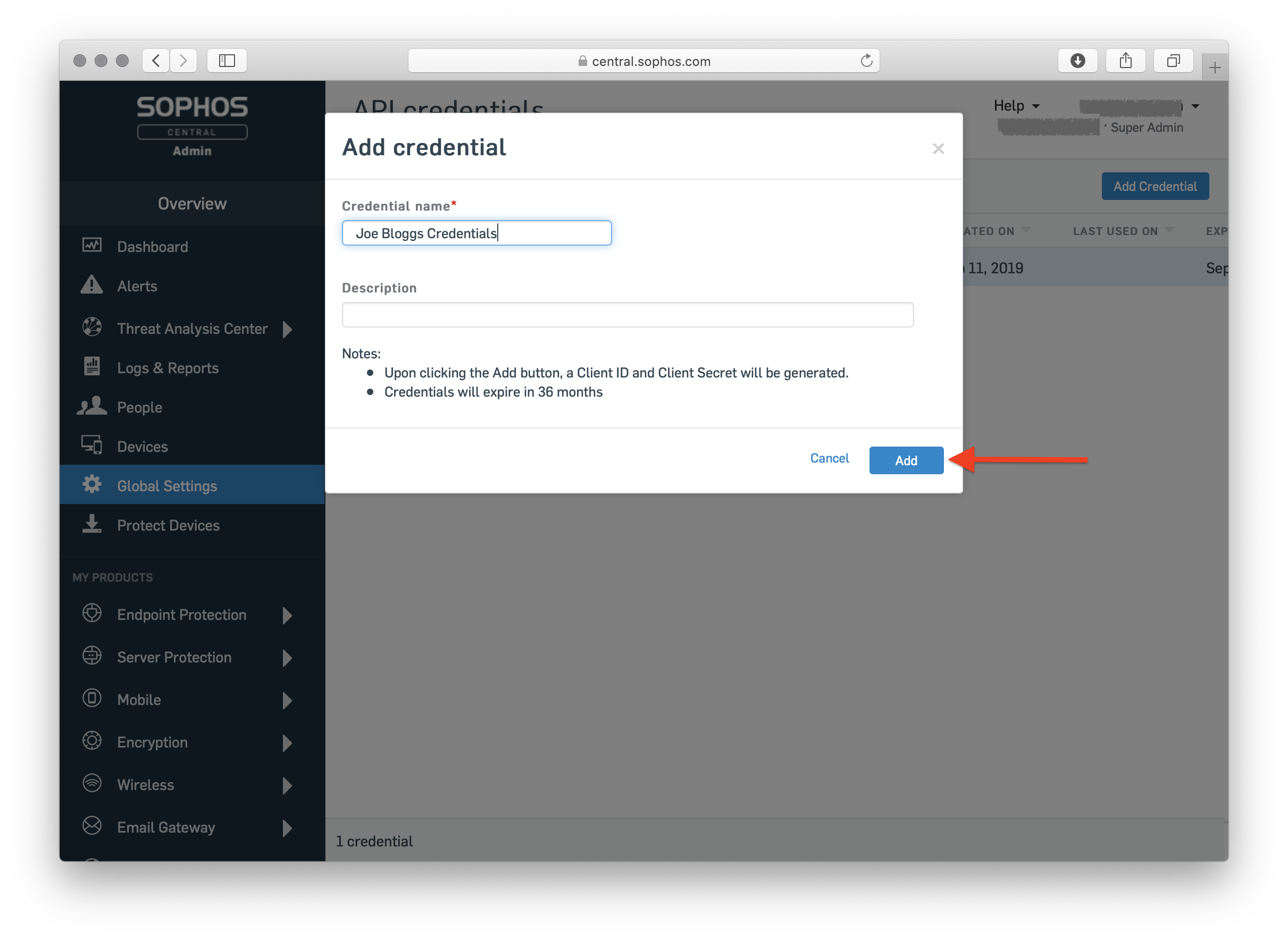 the "Add credential" dialog, with a credential name entered and the Add button highlighted.
