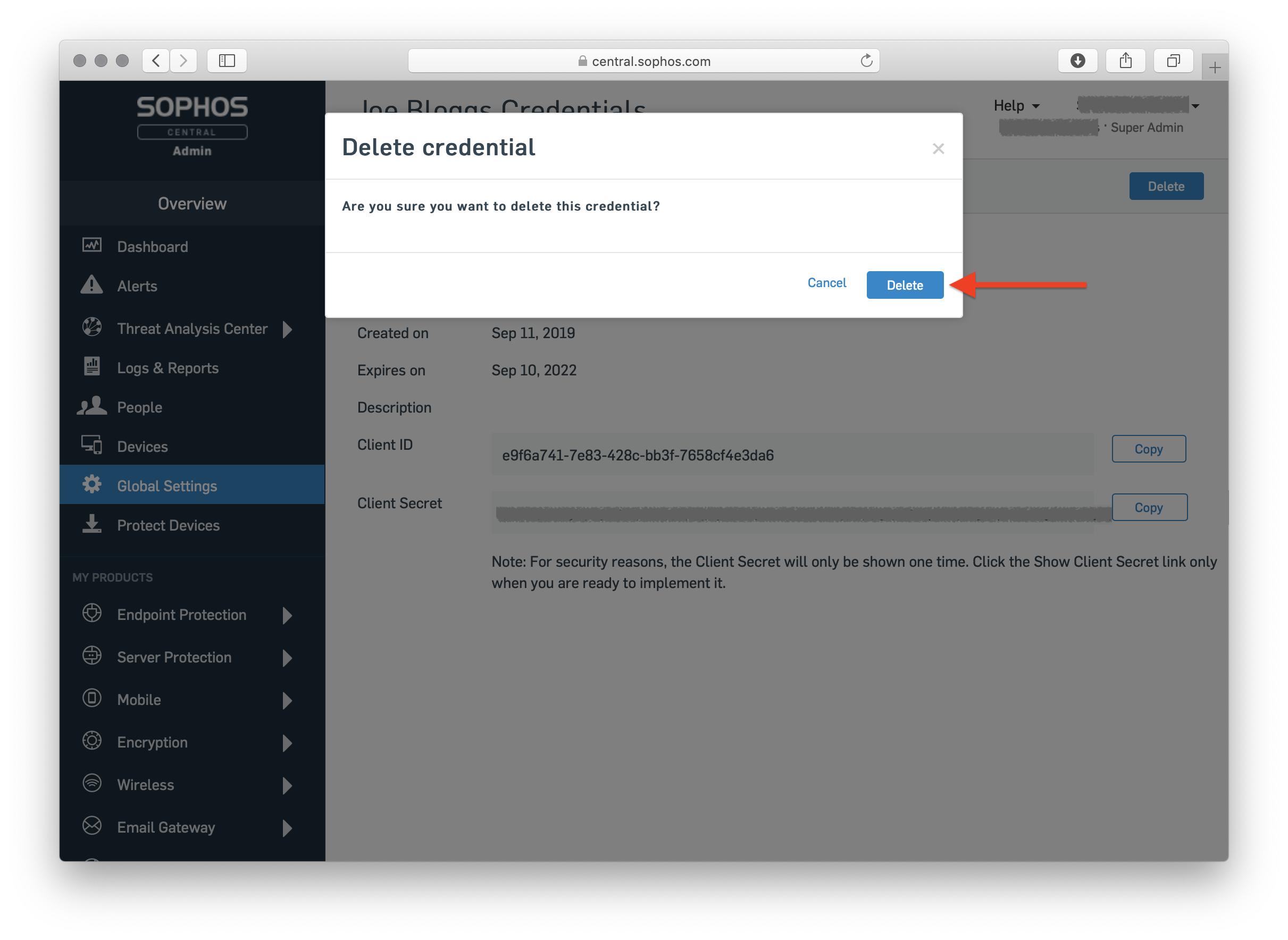 the "Delete credential" confirmation dialog, with the Delete button highlighted.
