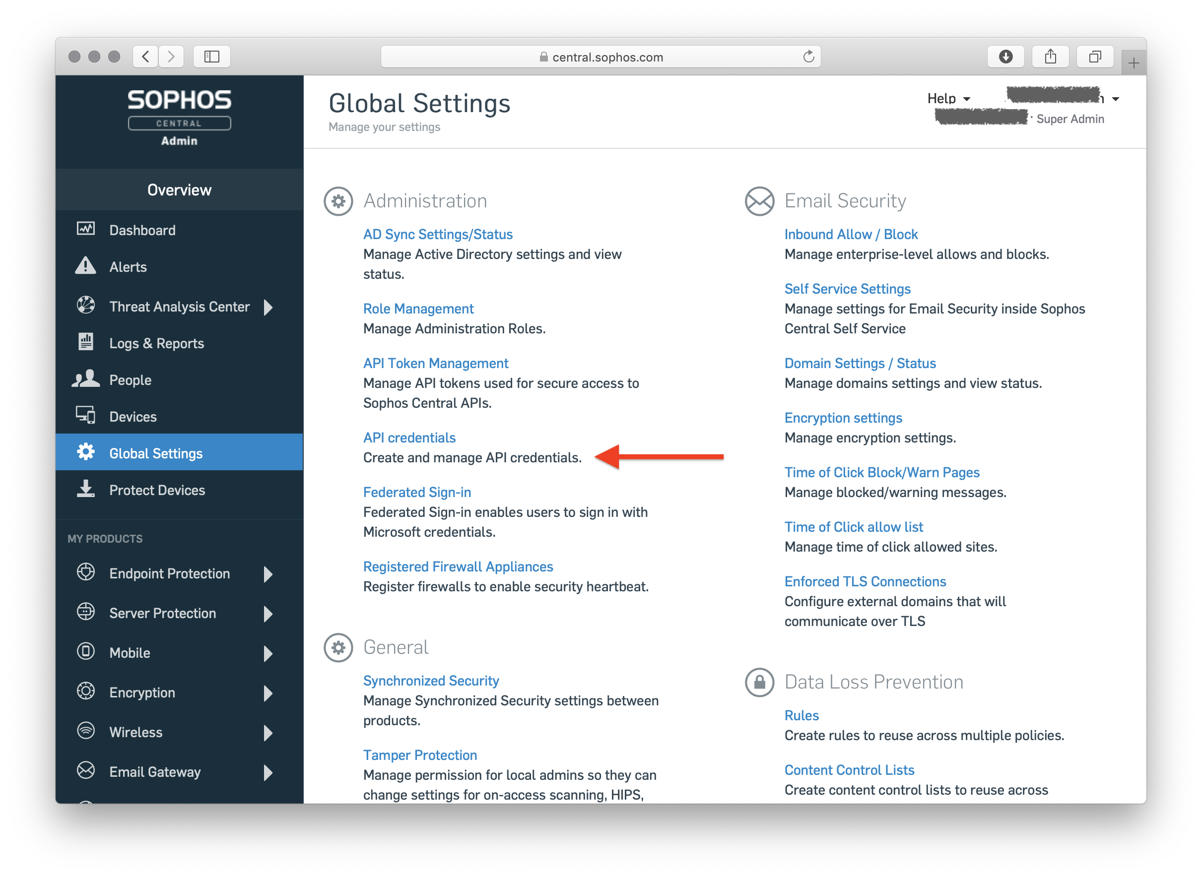 the Fusion (tenant) Settings page with "API credentials" highlighted.