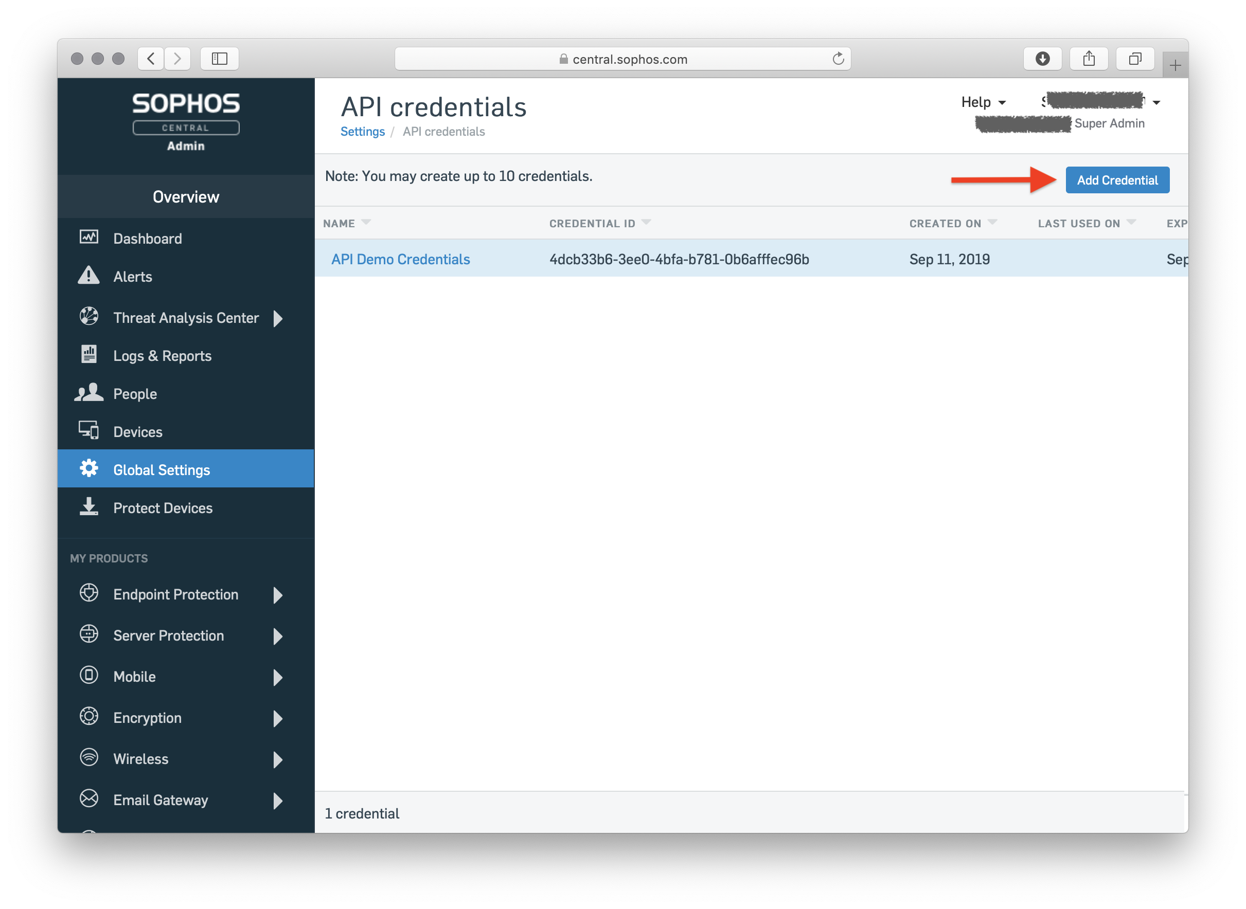 the Fusion (tenant) account's API credentials list, with "Add Credential" highlighted.