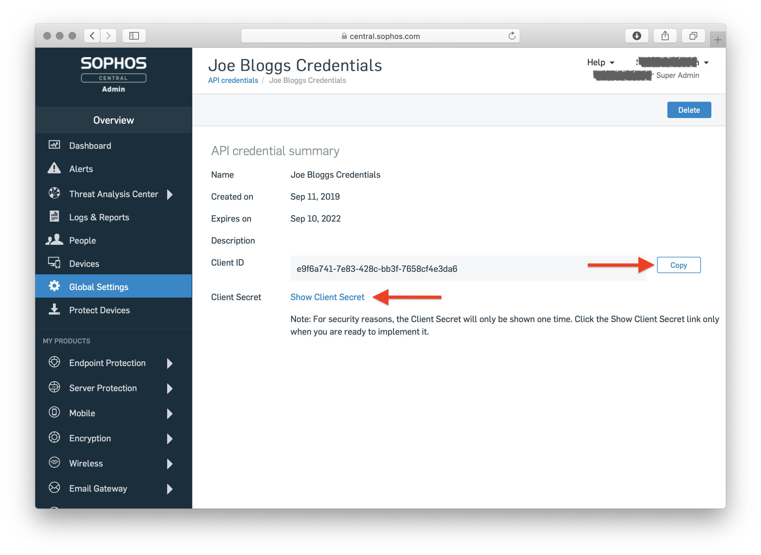 an API credential's summary page, showing its Client ID and a link to reveal the Client Secret.