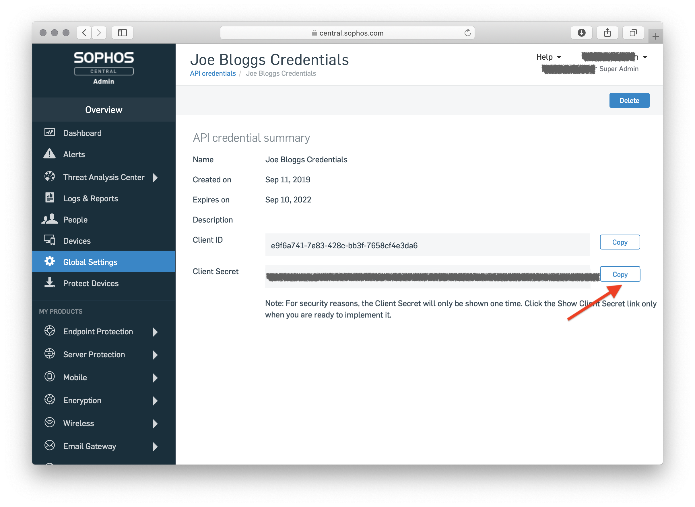 an API credential's summary page with the Client Secret revealed and its Copy button highlighted.