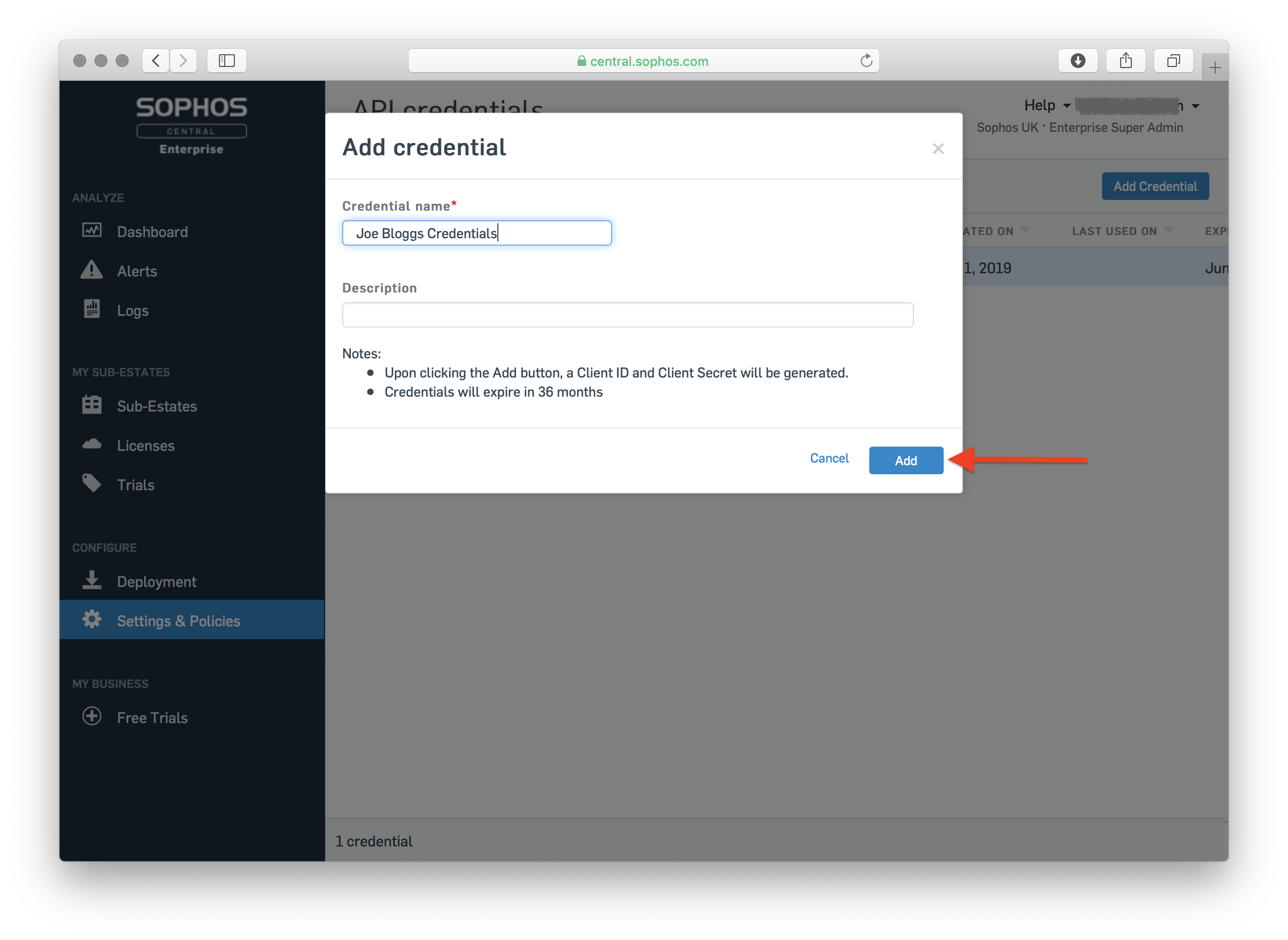the "Add credential" dialog, with a credential name entered and the Add button highlighted.