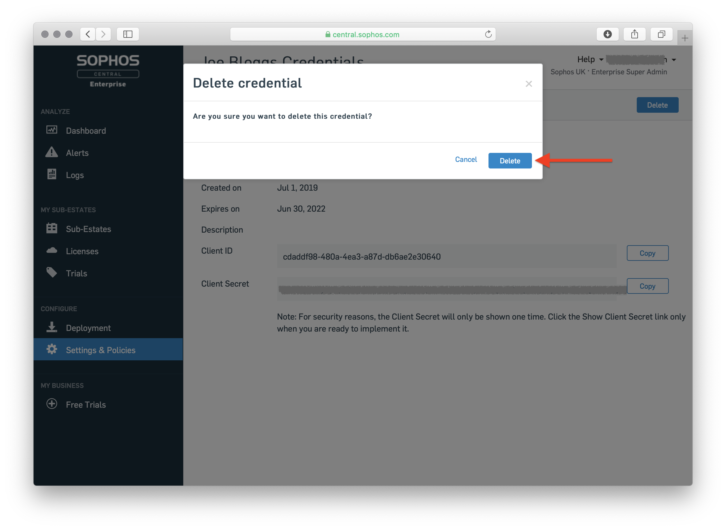 the "Delete credential" confirmation dialog, with the Delete button highlighted.