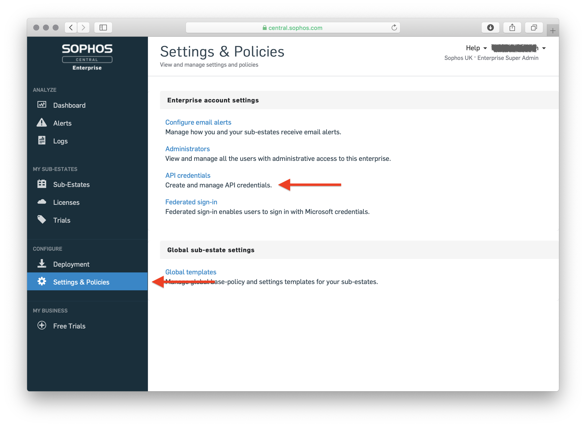the Enterprise Settings page with "API credentials" highlighted.