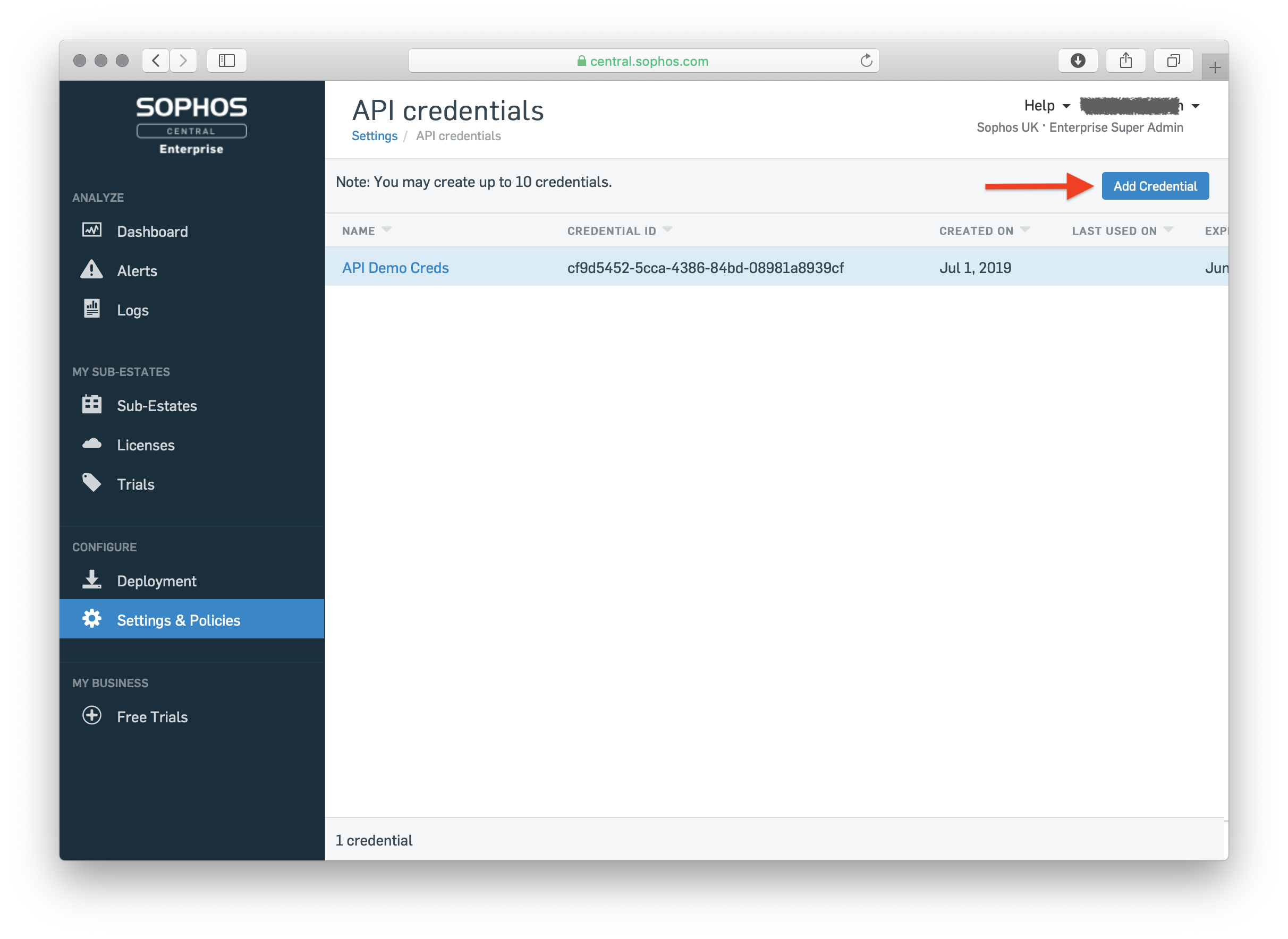 the Enterprise account's API credentials list, with "Add Credential" highlighted.
