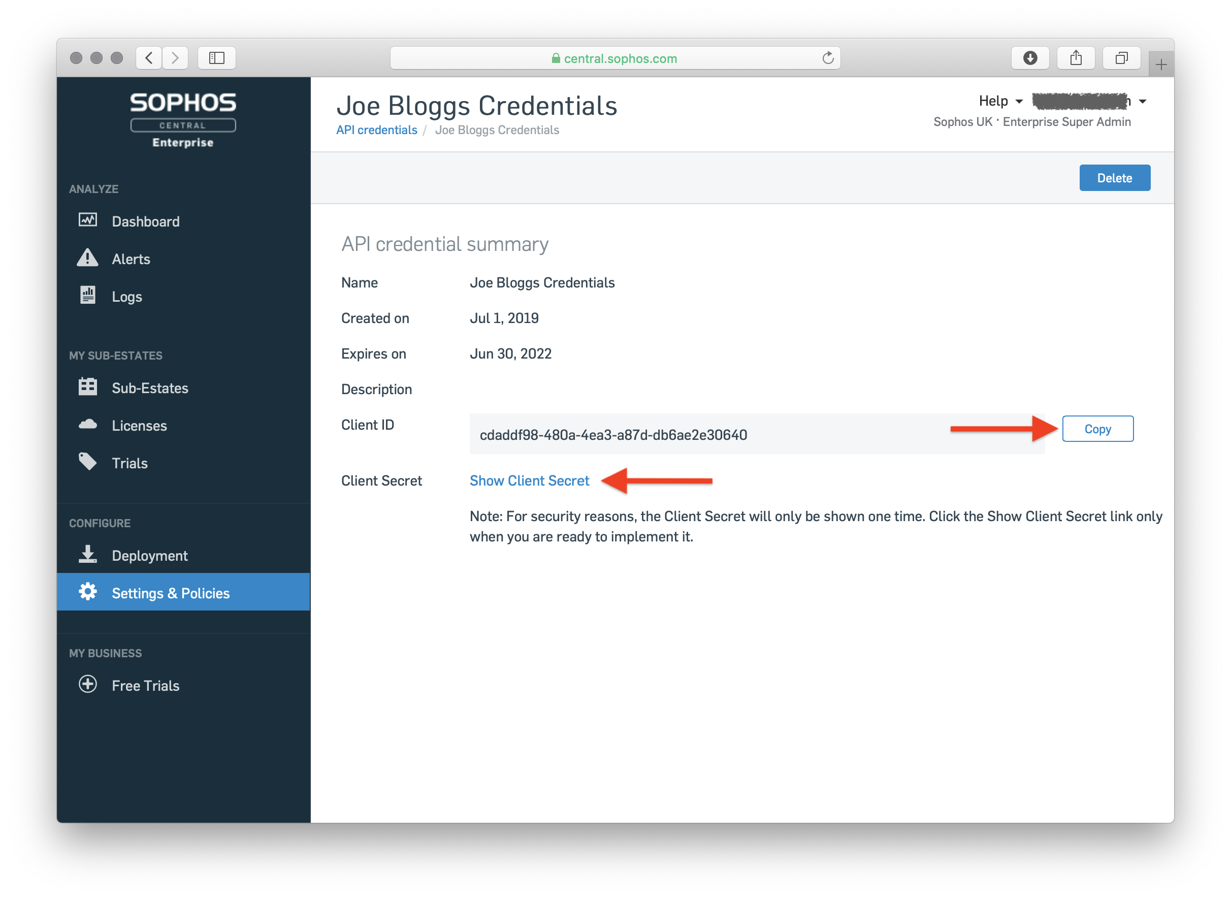 an API credential's summary page, showing its Client ID and a link to reveal the Client Secret.