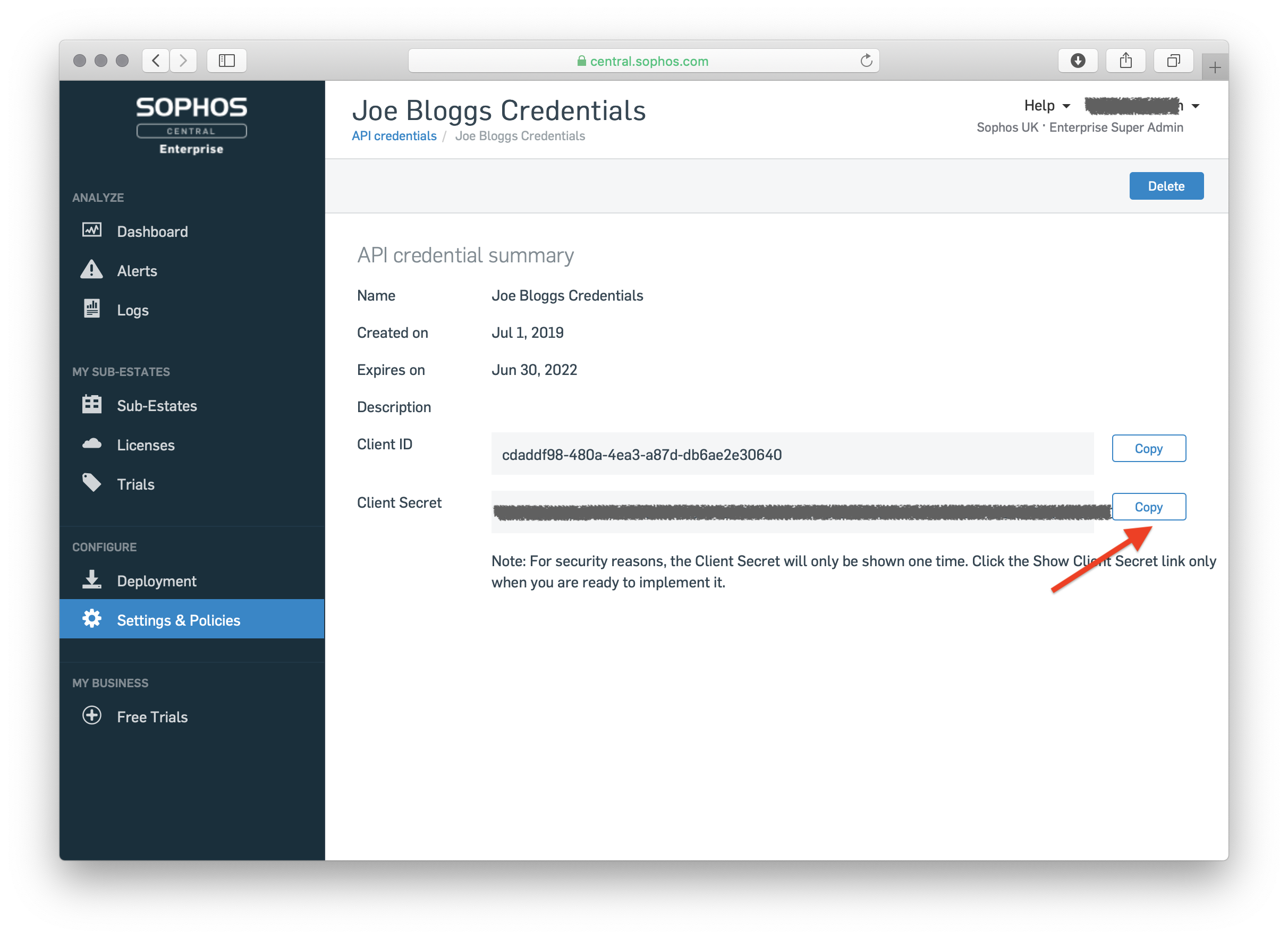 an API credential's summary page with the Client Secret revealed and its Copy button highlighted.