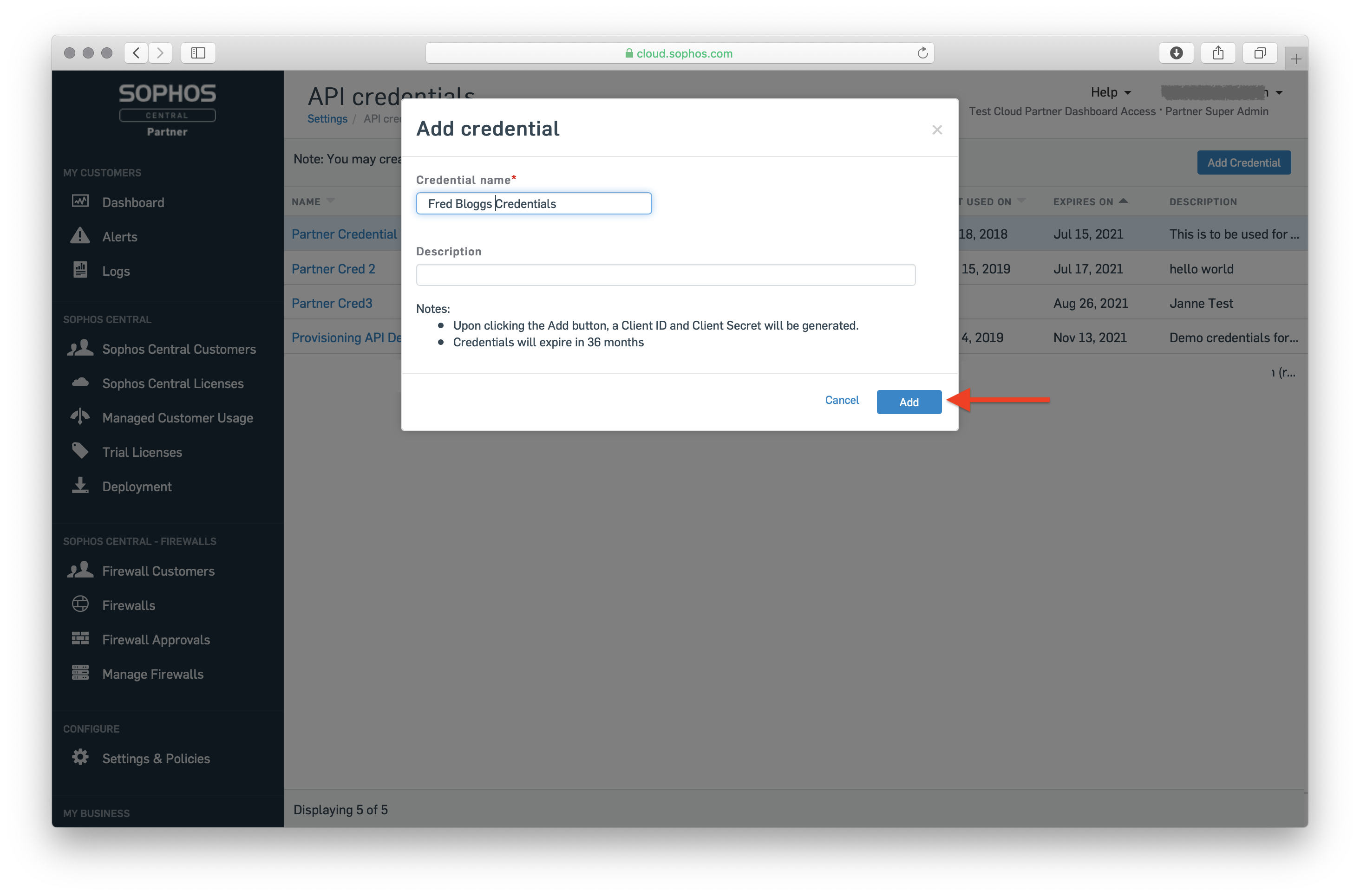 the "Add credential" dialog, with a credential name entered and the Add button highlighted.