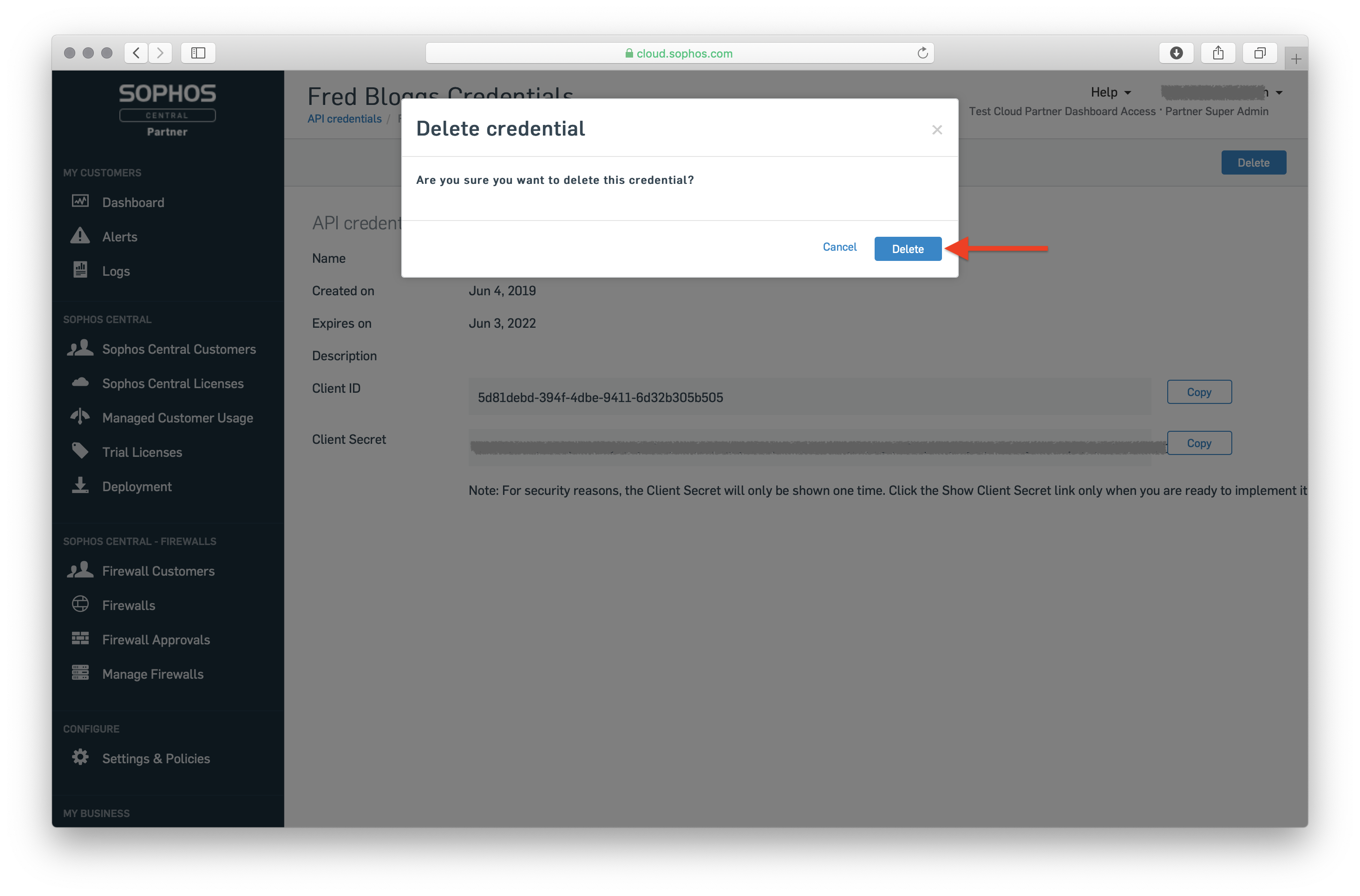 the "Delete credential" confirmation dialog, with the Delete button highlighted.