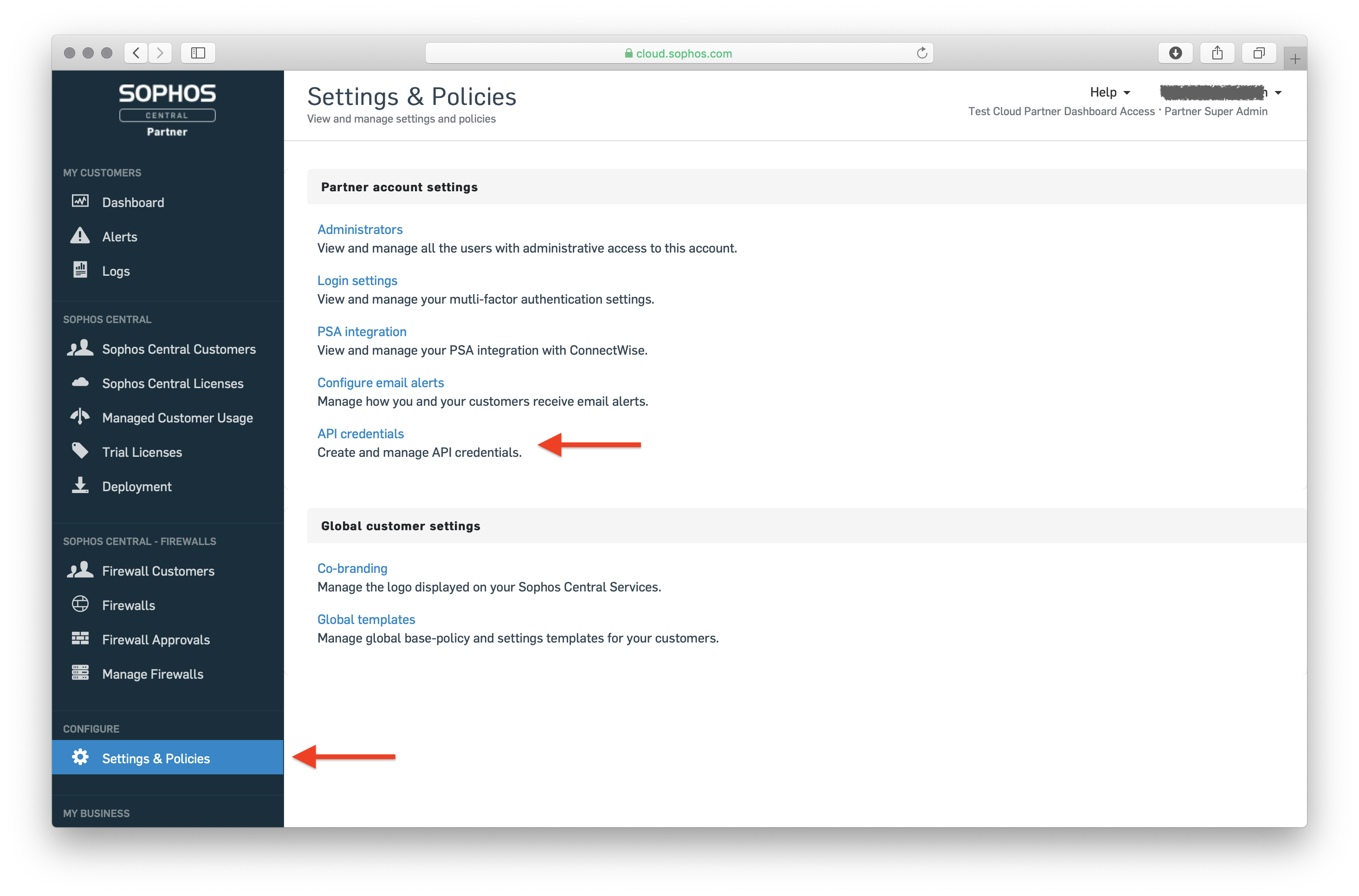 the Partner Settings page with "API credentials" highlighted.