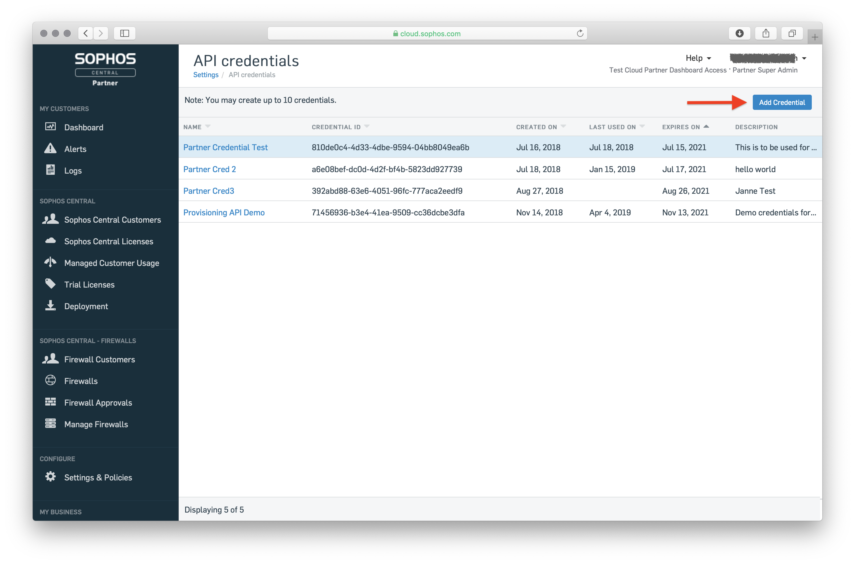 the Partner account's API credentials list, with "Add Credential" highlighted.