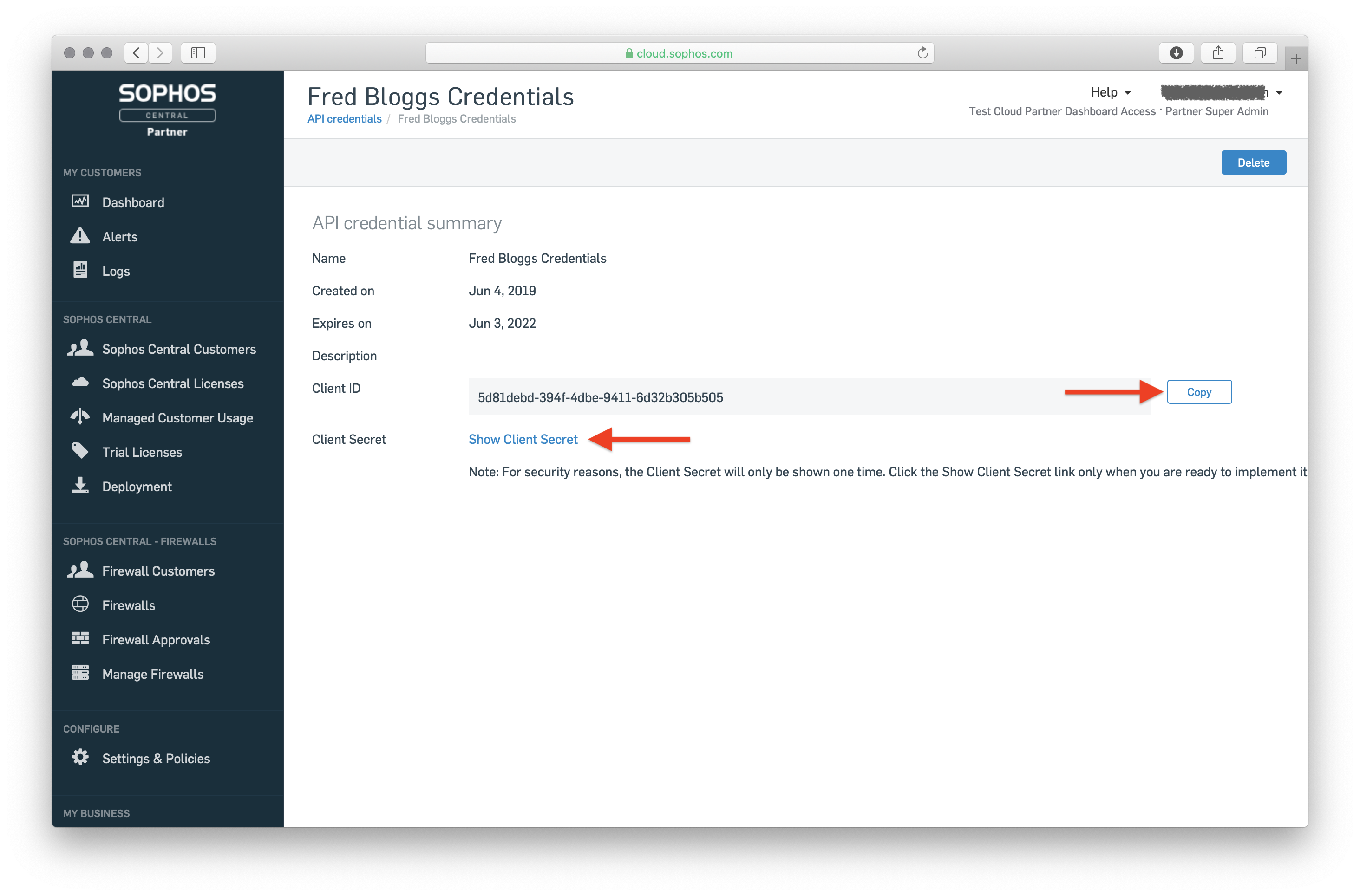 an API credential's summary page, showing its Client ID and a link to reveal the Client Secret.