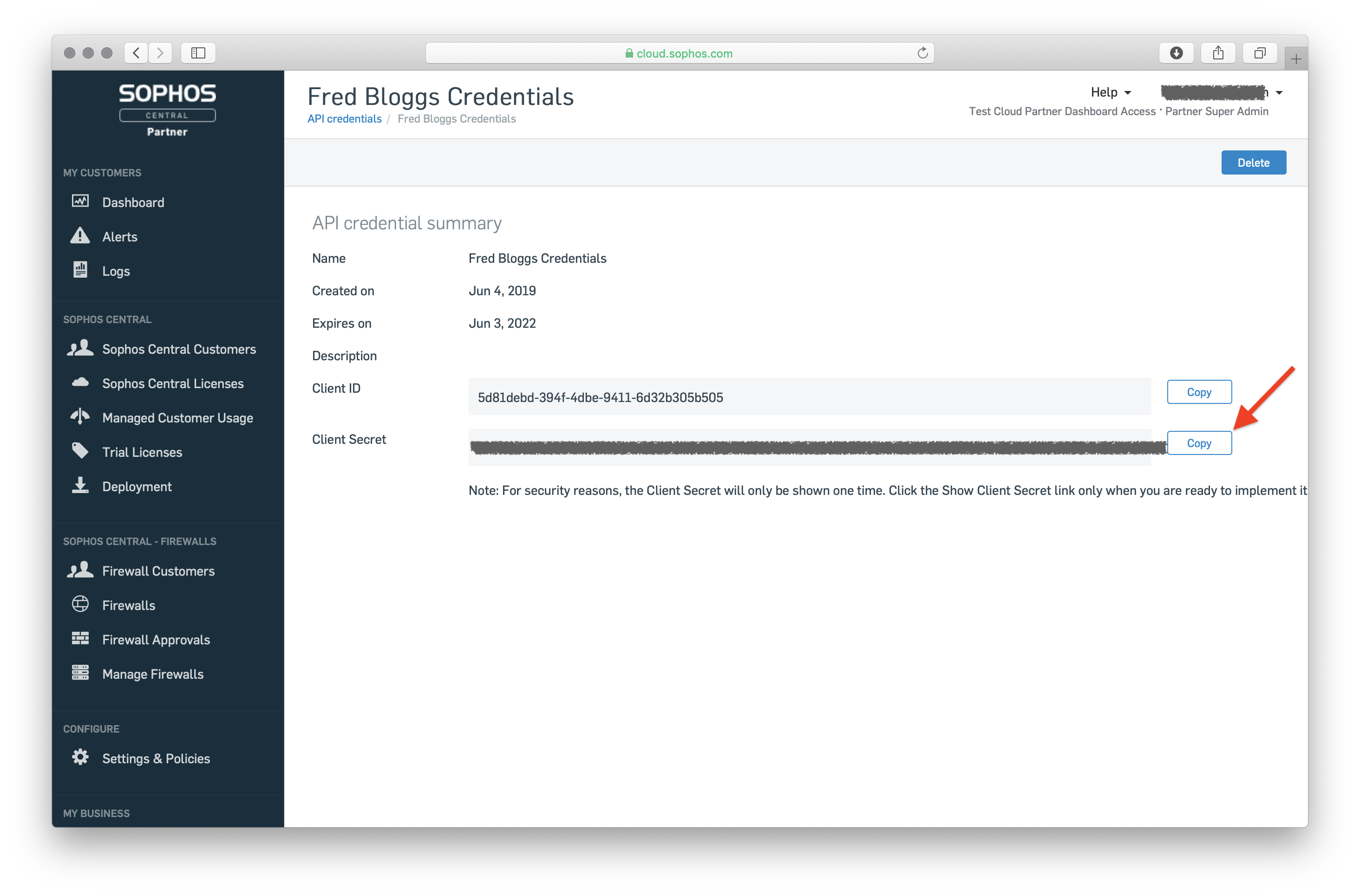 an API credential's summary page with the Client Secret revealed and its Copy button highlighted.